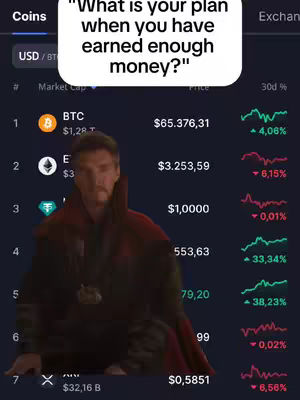 The image features a screenshot from a crypto trading app, with a meme overlay of Doctor Strange with the question 'What is your plan when you have earned enough money?' The background shows crypto prices and charts.