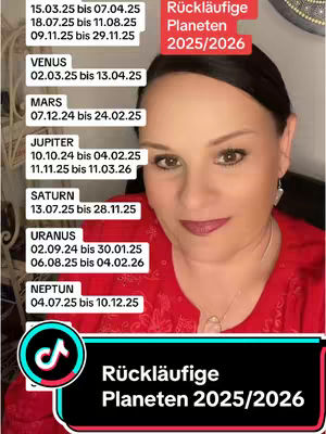 A woman with brown hair and a red top makes eye contact and smiles. Overlay text includes astrological information. The background is blurred, focusing on the woman. A circular TikTok logo is at the bottom left corner. Text overlays are present.