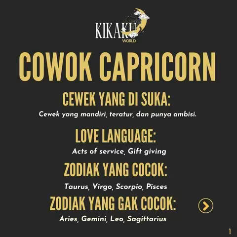 A graphic with a dark background with text in gold and white. The top has a logo with a symbol of a moon. The main text says 'COWOK CAPRICORN' in large, bold letters. Below this is a list of characteristics and zodiac signs.