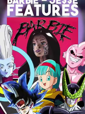The cover image features several characters from the Dragon Ball franchise. The central figure is a female character designed to resemble a doll-like Barbie, with a light skin tone and tattoos. Overlayed above, is the name "BARBIE" in a striking, stylized font. Around the Barbie-like figure are various Dragon Ball characters, including Goku, Vegeta, Cell, Kid Buu, and Whis. The composition is vibrant with a mix of bright and dark colors, creating a dynamic and visually appealing arrangement.