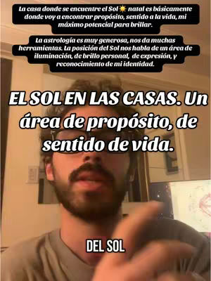 The cover image features a man with a beard and glasses in the foreground, speaking. Overlaid text provides information about astrology and the concept of 'El Sol en las Casas.' Additional text elements are present, with a neutral room background and a focused, conversational composition.