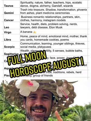 A man with a leafy headdress smiles broadly, his face centered in the frame against a lush green backdrop. Overlayed across the image are the words "FULL MOON HOROSCOPE AUGUST!" in a yellow highlighted font, and a list of zodiac signs are visible in the background.