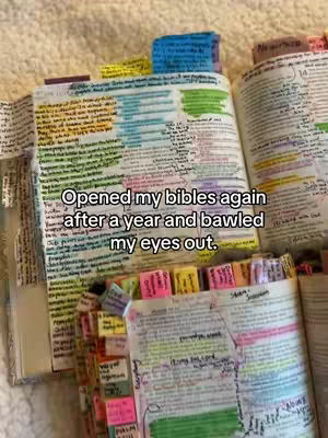An open Bible with highlighted passages and sticky notes marking pages. An overlay of text in a sans-serif font explains the video's theme.