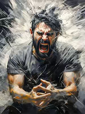 An expressive digital painting of a man with a beard, eyes shut, and mouth open in a scream, with a dynamic, abstract background of radiating white and gray strokes
