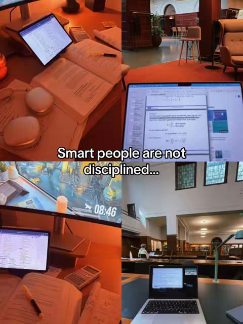 A four-panel image showing study-related scenes. Top left: a desk with a computer screen on a stand, a tablet, open books, and headphones. Top right: a library setting with a laptop displaying a formula. Bottom left: a gaming setup with a screen, books, and a tablet. Bottom right: a table with a laptop open at a white screen. Text overlayed across the image reads 'Smart people are not disciplined...' in a white, bold font.