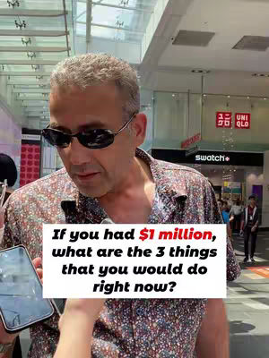 A man in sunglasses being interviewed on a street. A text overlay asks what he would do with a million dollars.