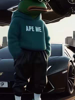 The image features a cartoon frog character known as Pepe, styled as a well-dressed figure standing in front of a black Lamborghini car. Pepe is wearing a teal hoodie with the text "APE ME" printed on it, sunglasses, and black track pants, giving it a stylish appearance. The background shows a blurred city skyline, suggesting a metropolitan setting, the overall aesthetic is playful with a touch of luxury.