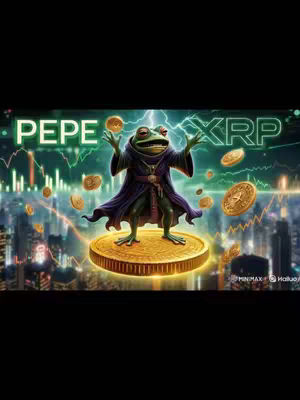 An illustrated image featuring a frog dressed like a wizard standing on a large gold coin; the background shows a blurred cityscape with a stock market graph overlayed, with glowing green and blue lights. Text overlays read 'PEPE XRP'.
