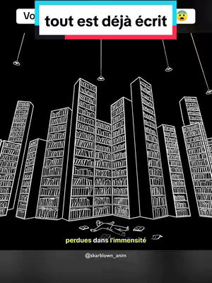 A minimalist, illustrated image depicting a scene evoking the concept of the Library of Babel. The background is solid black, against which white outlines define many towering, rectangular structures, each representing a bookshelf or building filled with books. The books are suggested by closely packed, horizontal lines. Hanging from the top are spherical lights suspended by thin lines. In the foreground, a human figure lies on the ground. Additional text is overlaid in yellow.