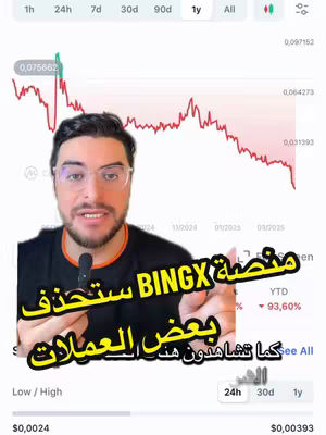 A man with glasses is talking in front of a graph showing a downward trend. Overlaid text in Arabic explains the video's content and topic.