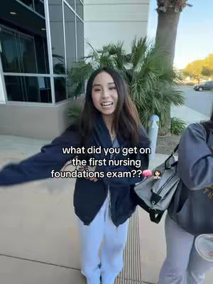 A young woman with long dark hair stands in front of a building, smiling at the camera. Text overlayed on the image asks a question about a nursing exam. Another person is partially visible to the right.