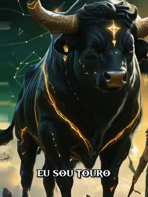 A digital artwork featuring a large, imposing black bull, stylized with glowing gold accents. The bull is the central figure, posed to fill most of the frame, with a constellation-like design in the background. The text "EU SOU TOURO" is at the bottom in white.