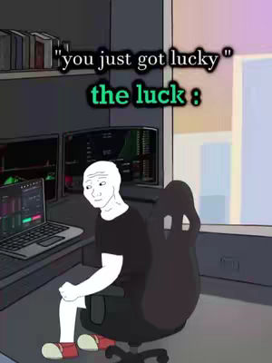The image is a cartoon-style illustration, presenting a somber-looking figure in an office setting. A laptop and two monitors display financial graphs, the figure sits hunched in a chair. Text overlays indicate the video is related to crypto.