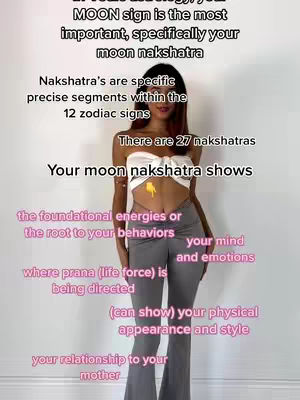 A woman stands in front of a light background. Text overlays detail information about moon nakshatras. The woman is wearing a white top and gray pants, and appears to be facing the camera. Below is the list of text on the video.