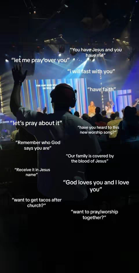 A wide shot inside a church during a service. A person is standing in the foreground, facing away from the camera with their arms raised in worship. Text overlays with spiritual messages are scattered across the image. The lighting is warm, with spotlights illuminating the stage.