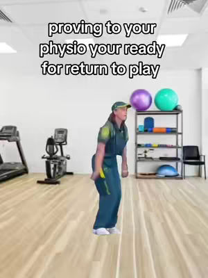 A person in athletic clothing is performing a jumping exercise in a physical therapy room. Text overlayed on the image reads: "proving to your physio your ready for return to play."