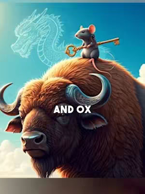 A digitally illustrated image featuring a large, brown ox with curved horns and a small, gray rat perched on its back. The rat holds a golden key. Behind them, a faint, ethereal dragon is visible, suggesting a celestial or spiritual theme. The sky is a gradient of blue, and the text 'AND OX' is overlaid in white.