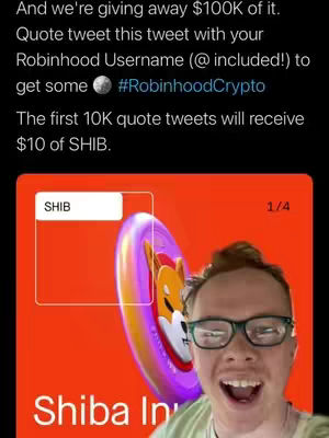 A man with glasses smiles widely at the camera, which is set against a vibrant orange background. To his left is a coin-like graphic with the Shiba Inu mascot. Text overlays and graphics suggest a promotion related to Robinhood and cryptocurrency.