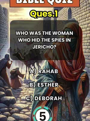 The image shows a person in religious attire, with text overlayed that presents a bible quiz question and possible answers. The overall composition has a backdrop with a stone wall and figures in the background. The image has a warm tone.
