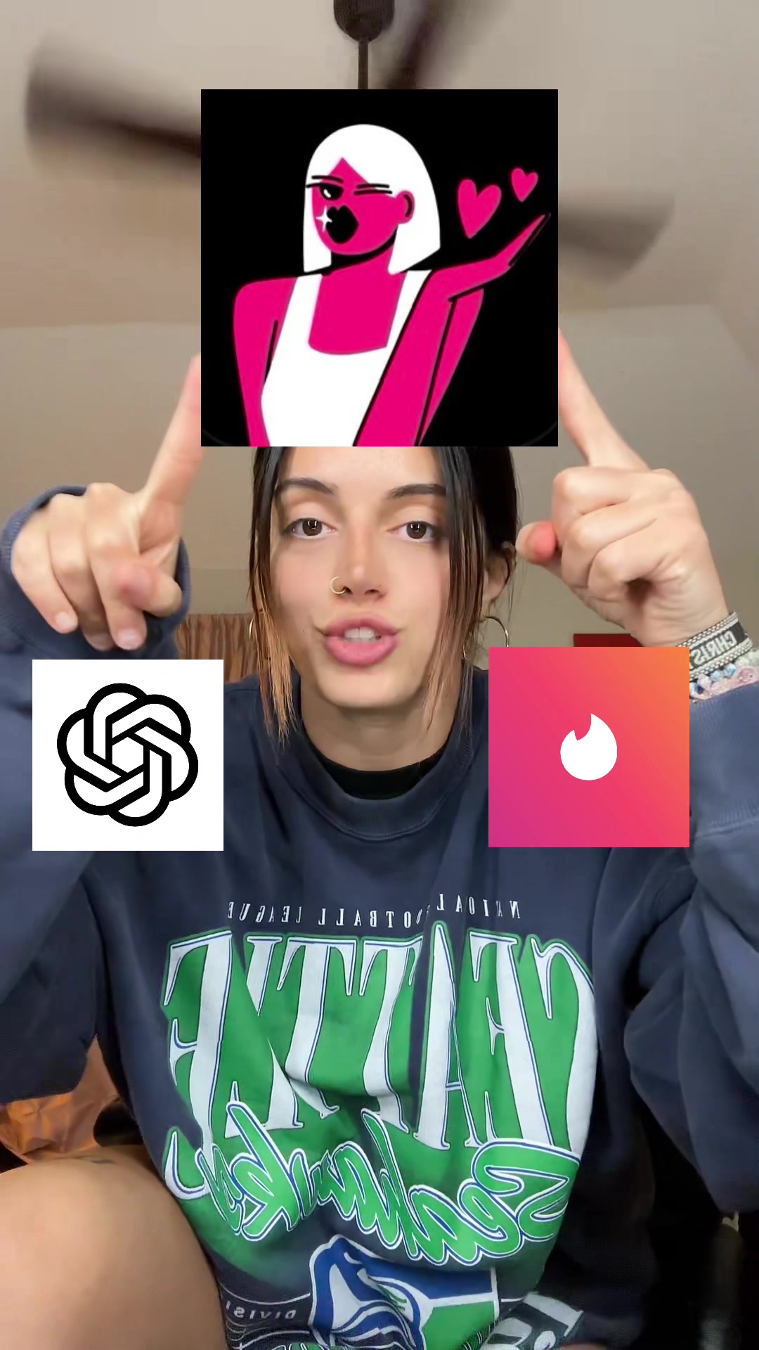 A woman is pointing up with both index fingers at two app logos while smiling.  Above her, two app graphics are floating in place. The woman wears a black sweatshirt with a green graphic.