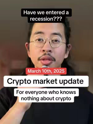 The cover image shows a man in a close-up shot, likely a selfie. He's wearing a black shirt and glasses. Text overlays are positioned at the top, middle, and bottom providing information about crypto market updates and economic recession. The background is blurred, focusing attention on the man and the text elements.