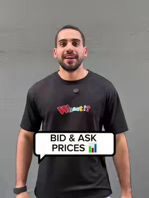 A man in a black t-shirt stands against a gray background with a speech bubble overlay that says 'BID & ASK PRICES'. The man has a beard and is looking at the camera.