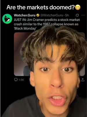 A young man with dark hair and fair skin looking directly at the viewer with concern, set against a background that includes a Twitter post about a stock market crash.