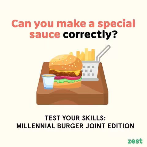 A colorful graphic with a cartoon burger and fries on a wooden surface, with text overlaying.