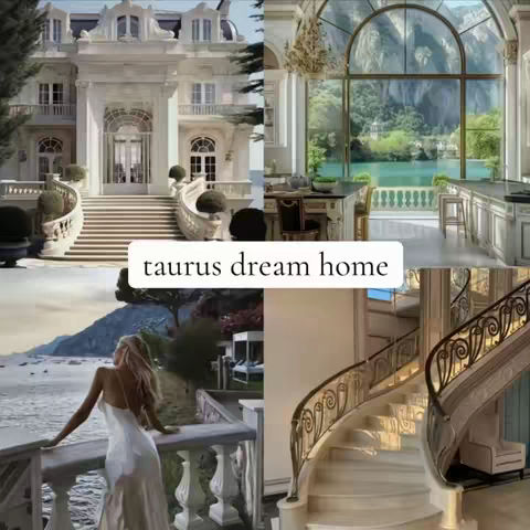 The cover image is a composite, divided into four sections. The top left features a grandiose white mansion with ornate architecture. The top right showcases a luxurious kitchen with a large window overlooking a lake and mountains. The bottom left shows a woman in a white dress standing on a balcony overlooking a waterfront landscape. The bottom right reveals a marble staircase with a decorative iron railing.