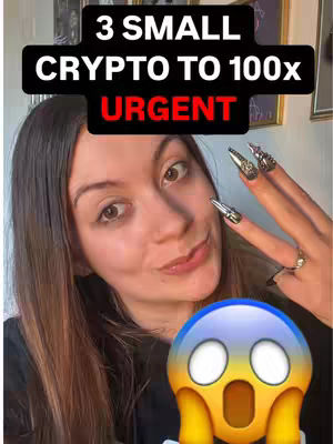 A woman with long brown hair and long, embellished fingernails is centered in the frame. A text overlay in a black rectangle reads '3 SMALL CRYPTO TO 100x URGENT' above her. Below the text, an emoji of a blue and yellow face with wide eyes and a shocked expression is visible.
