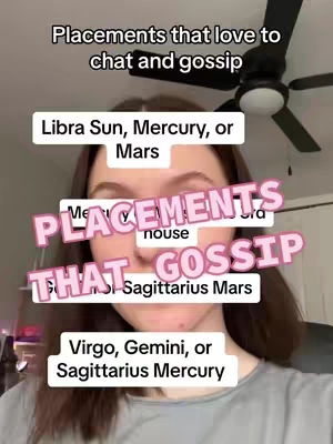 The cover image shows a close-up of a person, with overlaid text listing zodiac placements related to gossip, set against a background with a ceiling fan.