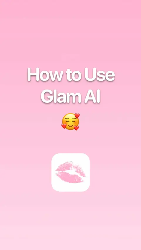 The cover image is a vertical graphic with a light pink gradient background.  Central to the image, in white, is the text "How to Use Glam AI".  Below this text is a centered emoji with a yellow face, smiling, and surrounded by four red hearts. Beneath the emoji, there is a white square containing a pink kiss mark.  The overall layout is simple and clean, with the text and emoji drawing the eye.