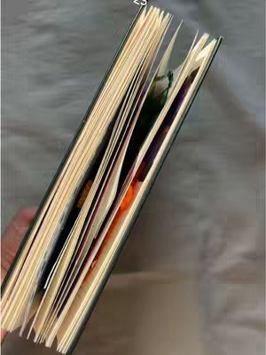 An angled shot showing an open book with a dark green cover. The pages are fanned out, revealing colorful inserts and text, suggesting a diary or scrapbook. The background appears to be a neutral, slightly textured surface.