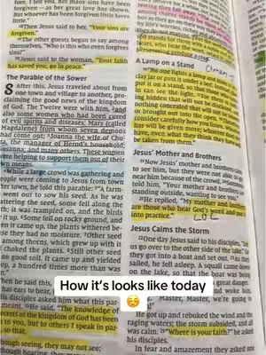 The cover image is a close-up of a Bible page with yellow highlighting across the text. At the bottom, a text overlay reads: "How it's looks like today" with a smiley face emoji. The layout includes text blocks separated by lines, creating a classic book appearance.