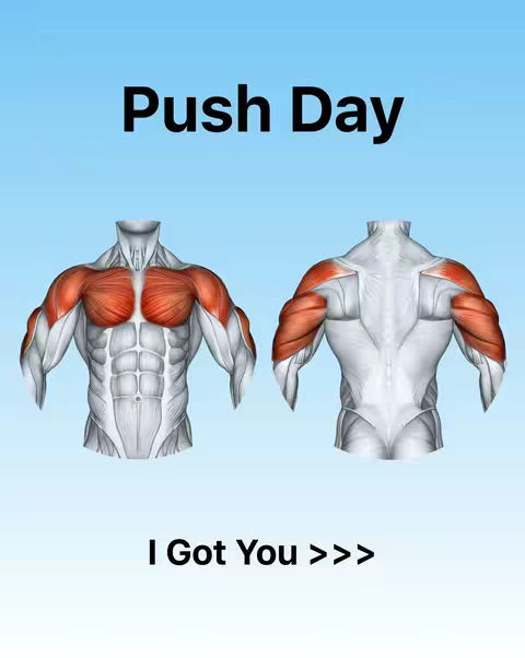 The cover image is a stylized illustration showcasing the human torso from the front and back, highlighting the muscles involved in push-day exercises. On a gradient background, the text 'Push Day' is prominently displayed at the top, with the phrase 'I Got You' at the bottom. The front view torso shows the chest and shoulder muscles highlighted in red, the back view shows the shoulders. The overall composition is clean and designed for visual appeal and clarity.