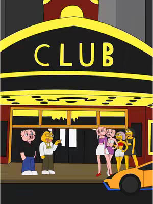 An illustration shows a club exterior at night. The club has a yellow and black marquee with the word "CLUB" in large yellow letters. Several pig-like characters are standing outside the club. A yellow car is parked on the side.