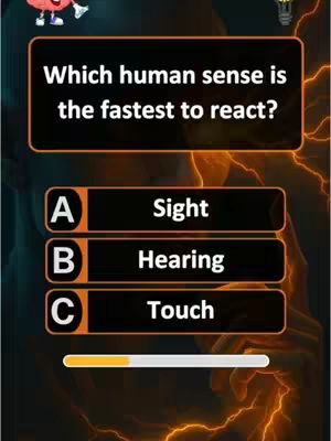 The image is a quiz question on a dark background with orange lightning effects. A question is in a black rectangular box, and three options are displayed below with their respective labels. Progress is tracked with a yellow bar at the bottom.