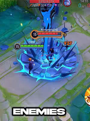 The video shows a gameplay scene from Honor of Kings (HOK), featuring an action-packed battle with colorful special effects. Two characters are prominent; one seemingly user-controlled, and the other is a blue-colored figure. The scene includes user interface elements at the top, indicating vital game stats and a timer. At the bottom, there is a text overlay 'ENEMIES' which indicates this is an intense battle scene.