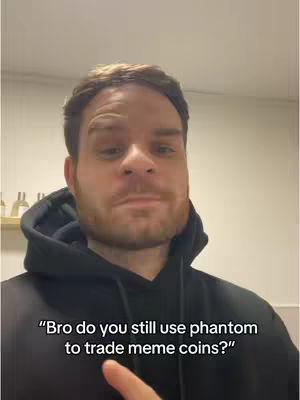 A man in a black hoodie, facing forward with a slightly concerned expression, is the main subject. Below him, a text overlay in white font asks a question related to trading meme coins.