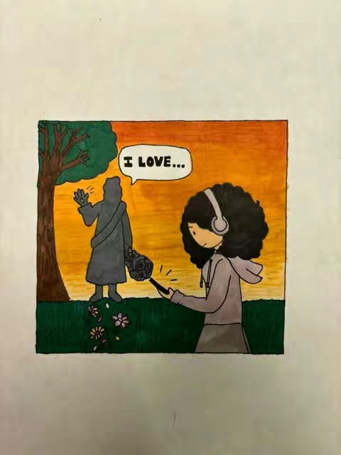 An artistic illustration depicts a green grassy area in the foreground and an orange and yellow gradient sky in the background. On the left, a silhouetted statue is standing, waving, and holding a bouquet of dark objects. To the right is a person wearing headphones and a gray hoodie, holding a phone and looking at it. A speech bubble that says "I LOVE..." is above.