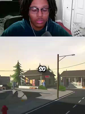 The cover image shows a split composition. The top half features a young man with locs and glasses, wearing a blue hoodie and earbuds, looking down and slightly to the side. The bottom half is a cartoonish rendering of a street scene with a low horizon, a few buildings, a road, and a street light. The overlay text is in a white box over the bottom cartoon image.