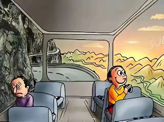 An illustrated cartoon scene depicts the interior of a bus traveling through a mountainous landscape. The image is divided into two halves by the bus's central aisle. On the left, a person appears glum, looking downwards. On the right, another person beams with joy, gazing out the window at the green landscape and road winding through the mountains. The background shows a vibrant sunrise.