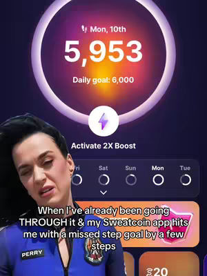 The cover image shows a woman with dark hair appearing emotional and upset. She is wearing a blue jacket with patches. Overlayed are app visuals displaying fitness step data. The background is a blend of dark and light purples. The woman has text bubbles overlaid.