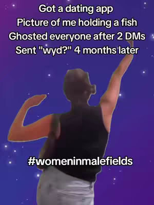 The image shows a figure viewed from the back, posing with arms raised in a celebratory gesture against a starry, purple background. Text overlays, including a caption and hashtags, add context to the image.