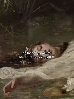 The image is a classical painting depicting a woman lying face up in water, possibly a lake or pond, surrounded by dark foliage. The overall tone is somber and artistic, with a focus on the woman's face and the water's reflections.