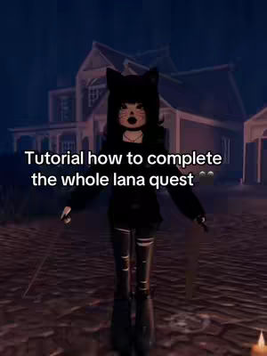The image shows a Roblox avatar character in a spooky setting. The avatar is wearing a black outfit with cat ears. The background depicts a house with several windows and surrounding trees that sets a dark and mysterious ambiance. There is a text overlay at the bottom.