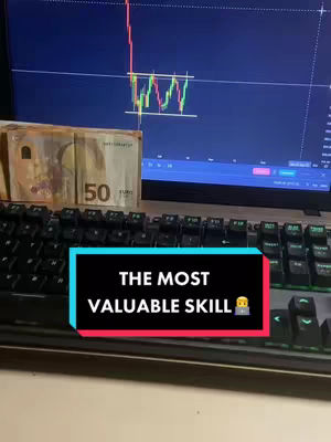 The image features a computer display showing a stock chart, a keyboard in the foreground, and stacks of Euro currency on the left. A text overlay at the bottom reads "THE MOST VALUABLE SKILL".