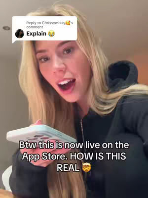 A woman with long blonde hair is holding a phone, looking at the camera with an expressive open mouth. Text overlays and speech bubbles are present to augment the image.