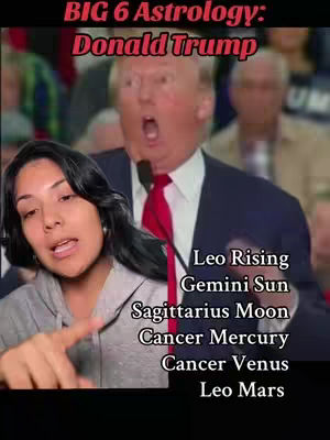 The cover image is a split-screen. On the left, a woman gestures towards the right side, where a photo of Donald Trump speaking is displayed. Text overlays include "BIG 6 Astrology: Donald Trump" along with astrological signs associated with Trump.