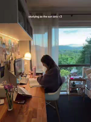 The image shows a woman studying at a desk near a large window with a scenic view of a green landscape. The desk, lit by a desk lamp, holds a laptop, books and writing materials. Other items sitting on the desk includes a water bottle. The background includes a shelf with items.